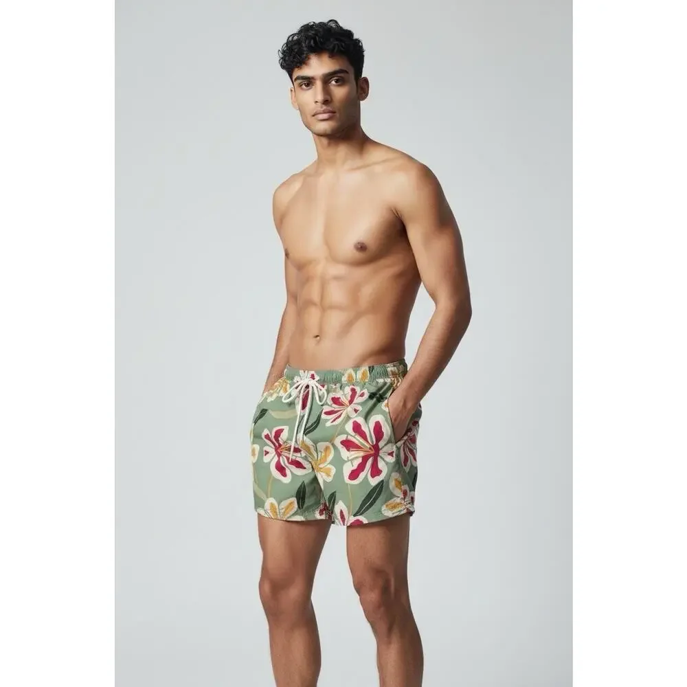Men's Green Orchid Print Swim Trunks with Red & Yellow Blooms | Size XXL | NWT